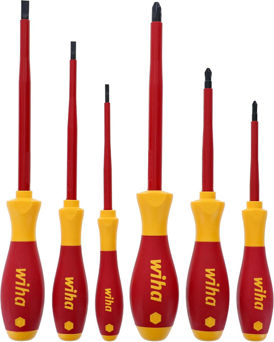 Wiha Insulated Screwdriver Set, 6-Piece 1000V Electrician Tool Kit | 1000V VDE certified, SoftFinish cushion grip, precision machined tips, tested to 10,000 volts, made in Germany
