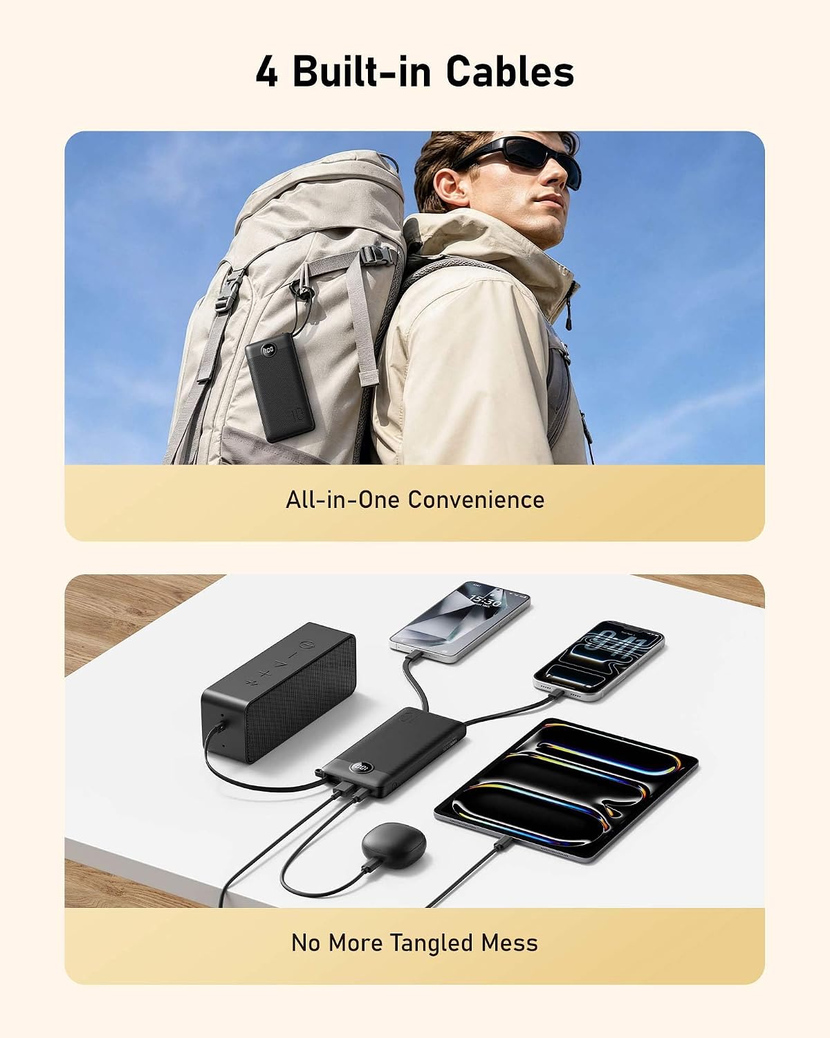 VEEKTOMX 10000mAh Portable Charger with 4 Built-in Cables | Slim Power Bank, USB-C Battery Pack with iPhone & Micro USB, TSA Approved Travel Charger for iPhone, Samsung, Android, Black