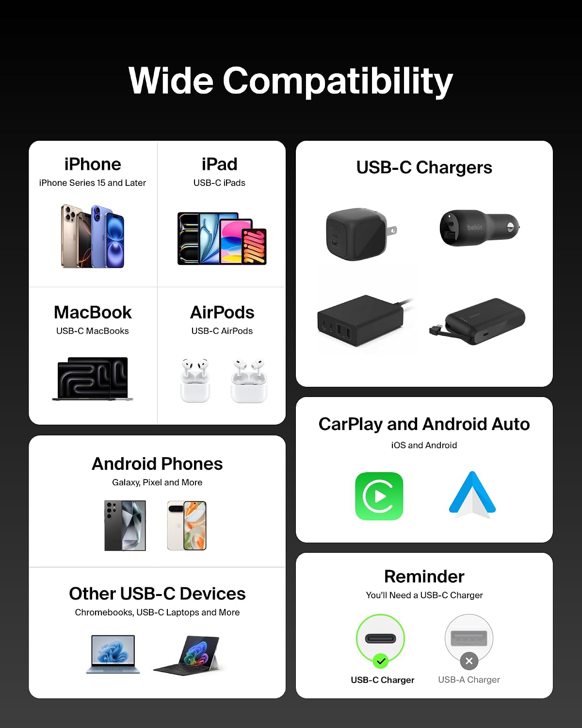Belkin USB C to USB C 240W Cable 2 Pack, 6.6ft Fast iPhone Charger Cord | iPhone 15/16/17, Samsung Galaxy S26, Pixel 10, Airpods, iPad, Nintendo Switch 2, MacBook, Steam Deck, Travel, Chromebook