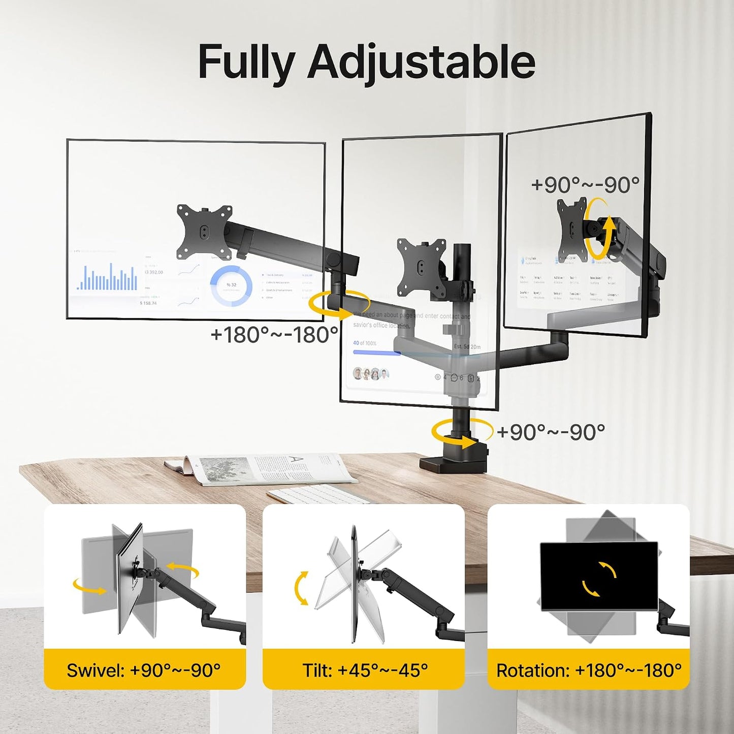 monTEK Triple Monitor Mount for 13"-27" Screens, Max 19.8 lbs Each Arm | Heavy Duty Aluminum Full Motion 3 Monitor Desk Stand, Height Adjustable Swivel Tilt Bracket, Clamp & Grommet Mounting