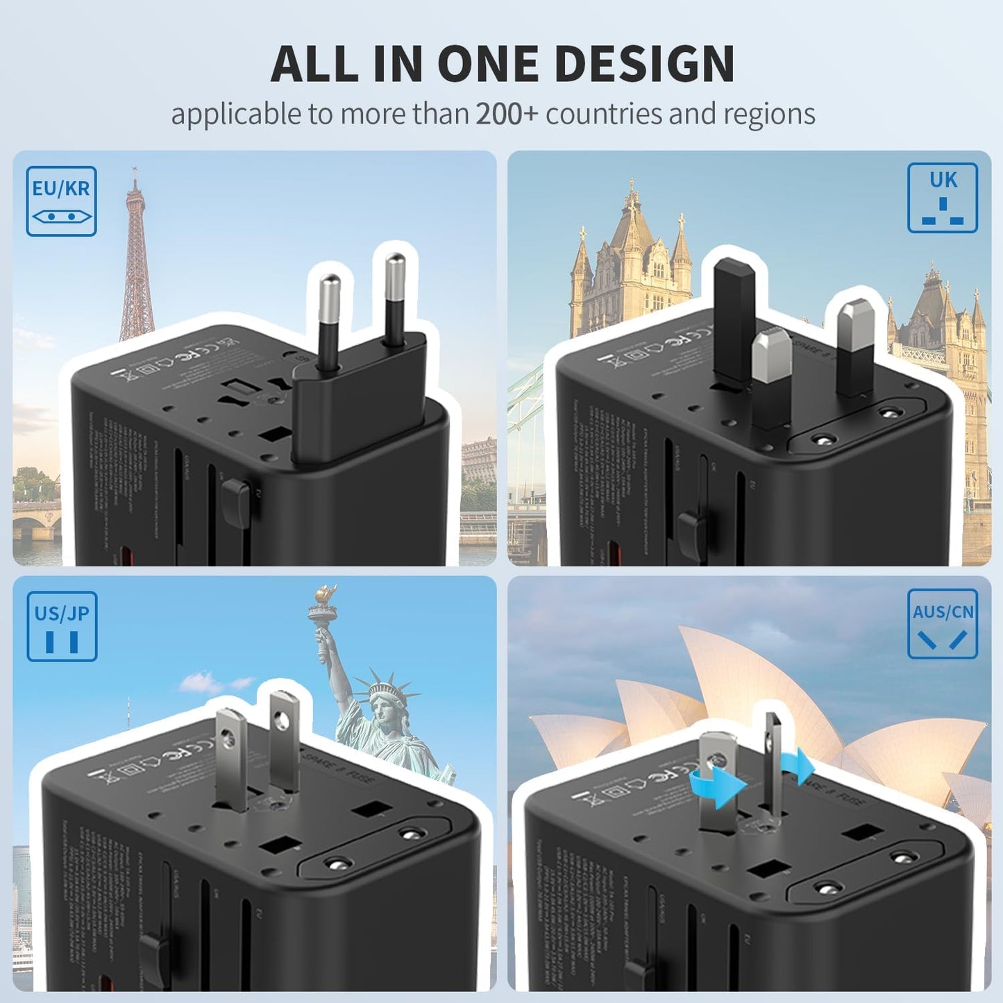 Epicka 70W GaN PD Universal Travel Adapter, 3USB-C/2USB-A | International Power Adapter for EU/US/UK/AU, PD Fast Charging for Multi-Device Travel, TA-105 Pro, Black