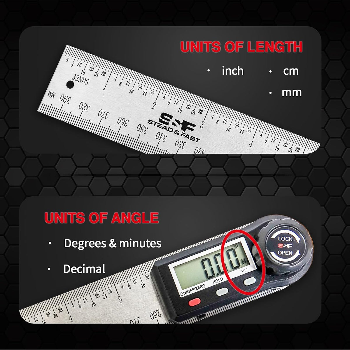 S&F STEAD & FAST Stainless Steel Digital Angle Finder Tool, 7 Inch / 200 mm | Hold & Zero, Slope & Degree, Auto power off, Large LCD, Laser-etched scale, Compact, for Woodworking & Renovation & Table saw