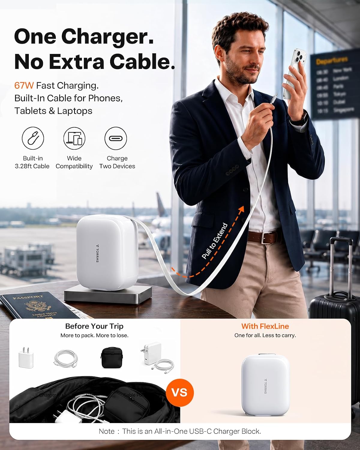TORRAS FlexLine 67W USB C Charger, Dual-Port GaN Retractable Charger | iPhone/iPad/MacBook/Galaxy Compatible, GaN III, Dual-Port Fast Charging, 1m Retractable Cable, Travel and Desk Use