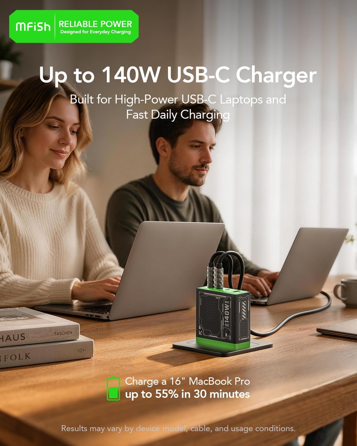 E-Rhino 140W Max 4-Port GaN Charger for MacBook & USB-C Laptop, Black | Smart Temperature Management, Smart Power Distribution, Foldable Plug, 4-Port (3 USB-C + 1 USB-A), Stable Charging
