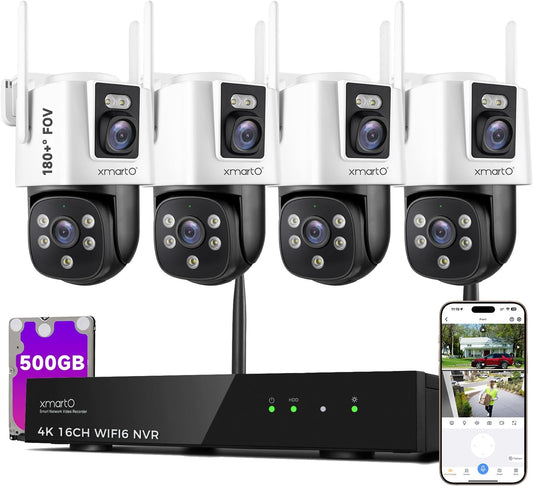 xmartO 4‑Cam Dual‑Lens Security Camera Kit, 500GB 4K NVR PTZ AI Tracking