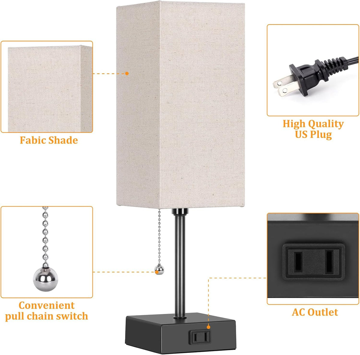 15'' Bedside Table Lamp for Bedroom Small Night Light Lamps for Night stand | Pull Chain Table Lamps for Night stands with AC Outlet，desk lamp with 2 Bulbs Lamp for Living Room Kids Room Office Decor