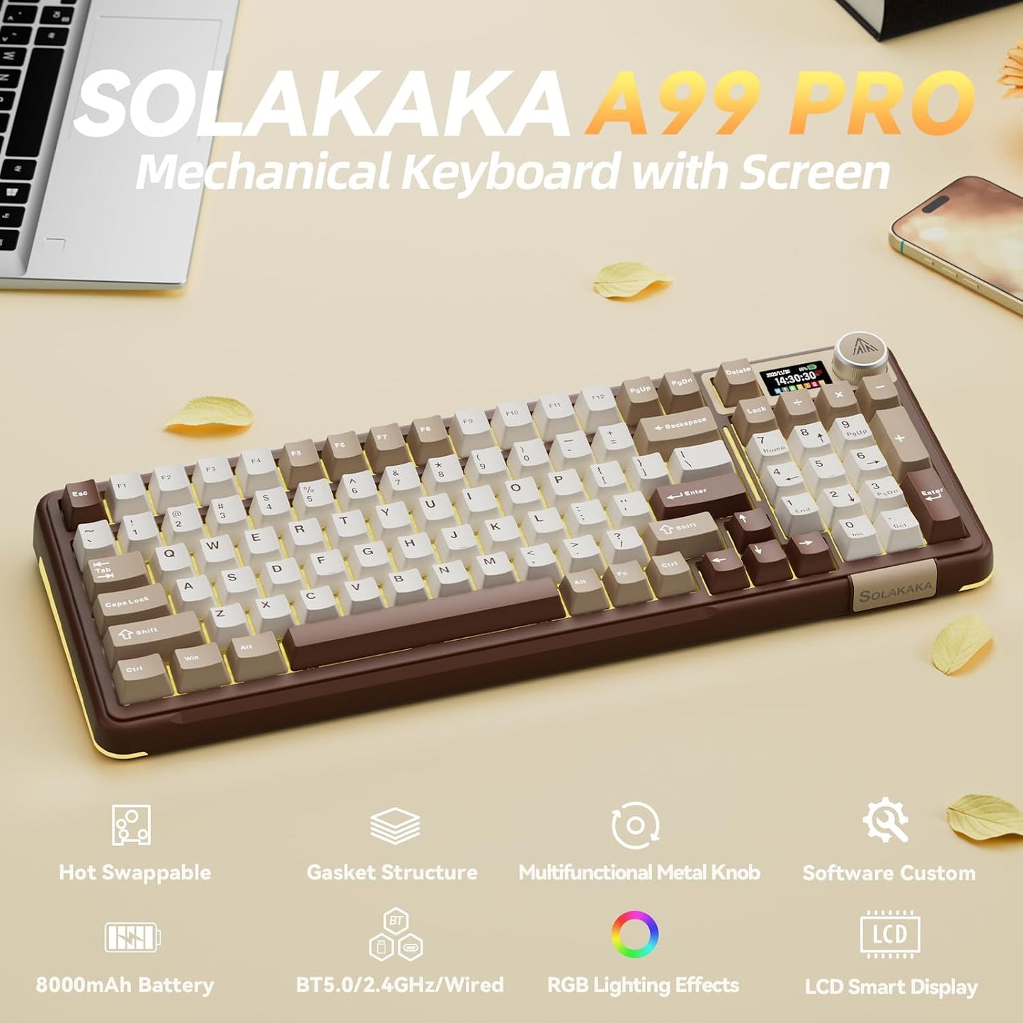 SOLAKAKA A99 Pro Mechanical Keyboard with LCD Screen & Metal Knob, Wireless Gaming Keyboard with BT5.0/2.4GHz/USB-C, Hot Swappable Creamy Keyboard, Gasket Structure, RGB Backlit, for Win/Mac