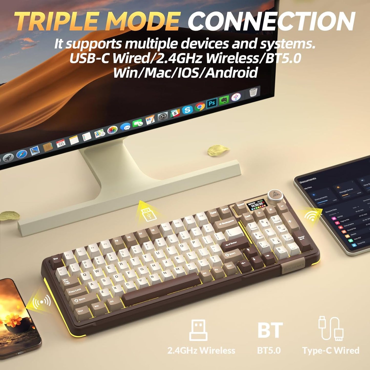 SOLAKAKA A99 Pro Mechanical Keyboard with LCD Screen & Metal Knob, Wireless Gaming Keyboard with BT5.0/2.4GHz/USB-C, Hot Swappable Creamy Keyboard, Gasket Structure, RGB Backlit, for Win/Mac