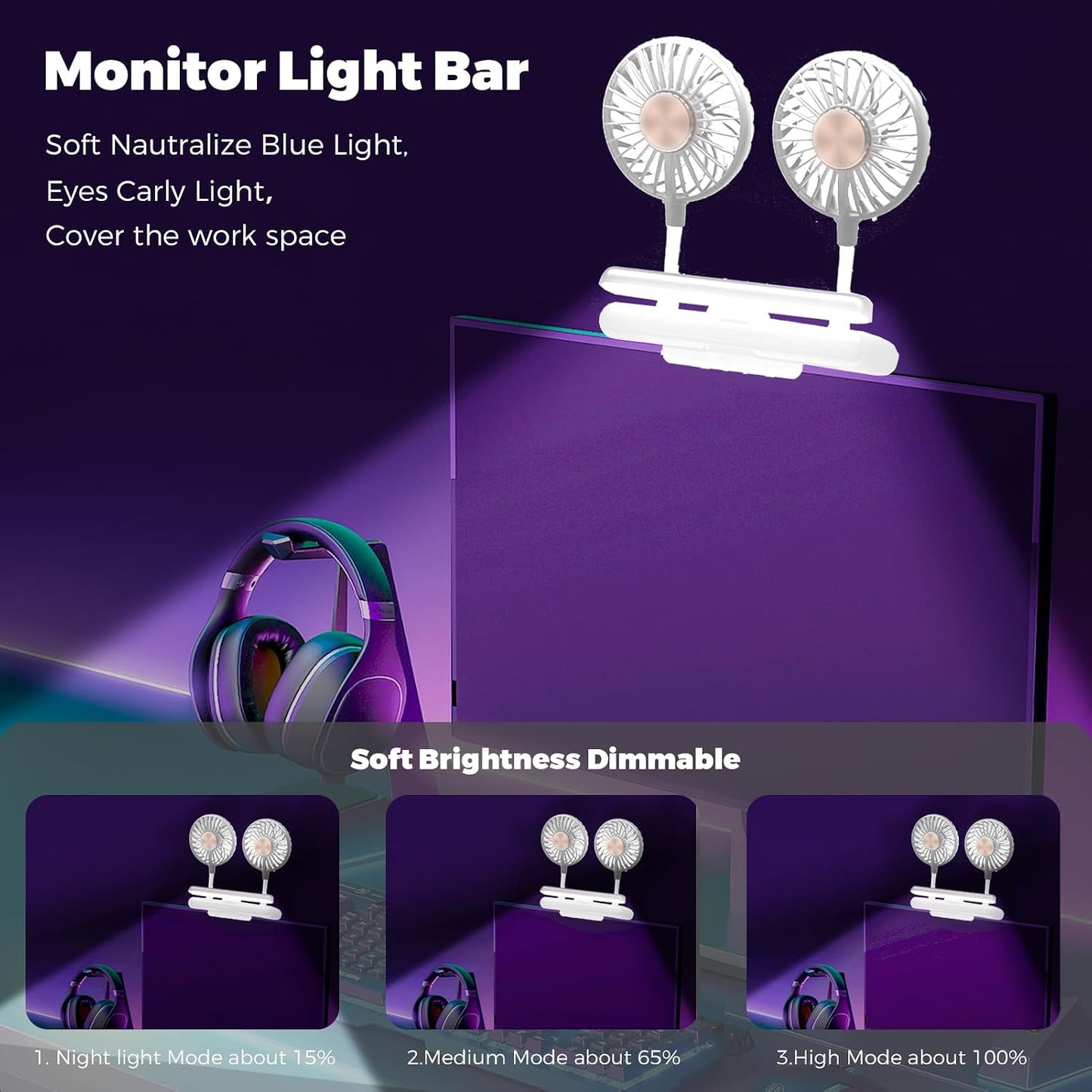 Clip Fan USB-Powered Cooling Fan with LED Light Bar Glacier Silver | Space-Saving Personal fan for Monitor/Laptop/Flat/Bedside/Bookshelf/Music Stand/Reading Stand