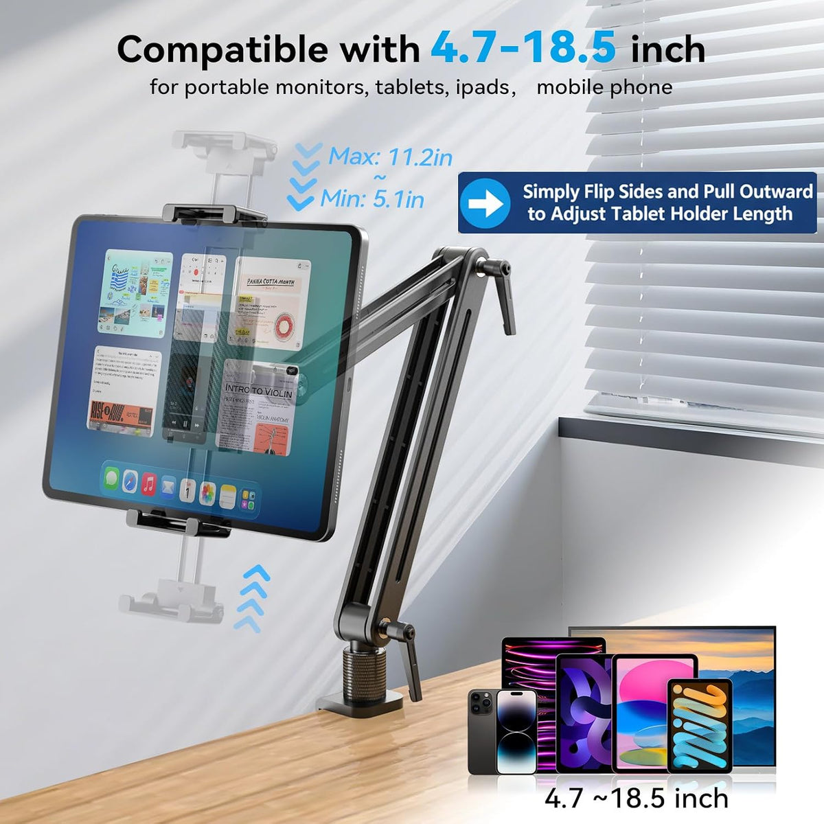Portable Monitor Arm Mount Holder Screen Stand 18.5" 360° Rotating Base | Solid Aluminum,Tool-Free Tilt,No Sagging,Zero Plastic Joints,Hybrid Lock,Desk Protection Clamp for WFH Setups & Coding