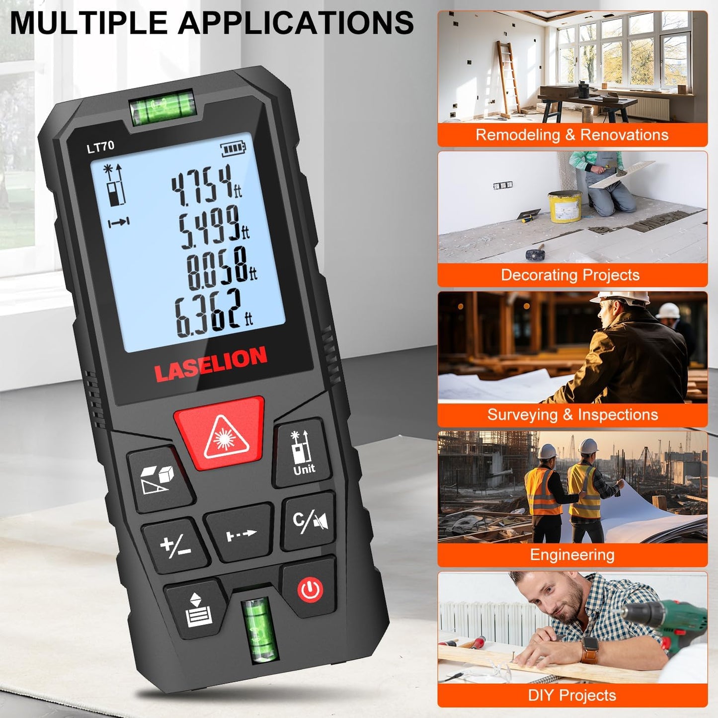 LT70 Laser Measure, 229ft/70m Laser Measurement Tool, with 2 Bubble Levels, Measuring Tool 4 Units Conversion、LCD Backlit Display, IP54 Waterproof, Pythagorean Mode for Distance, Area, Volume