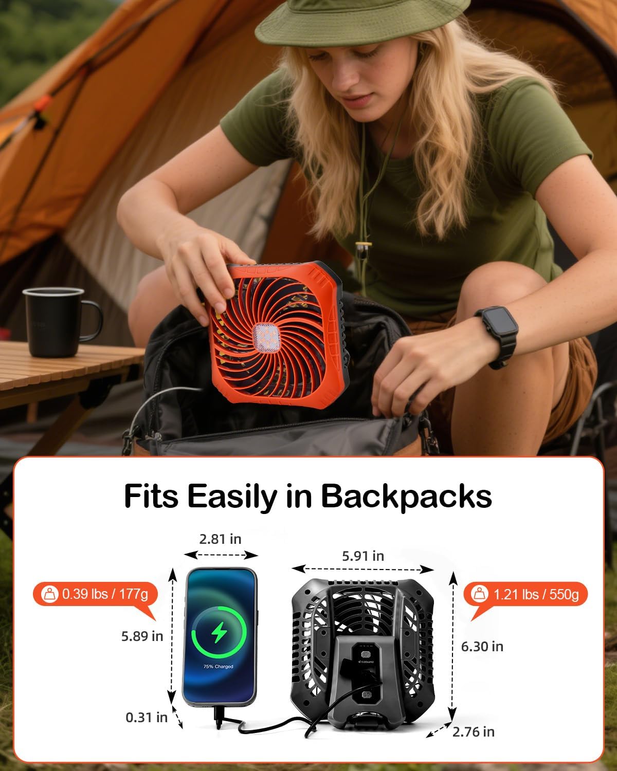 Odoland Portable Camping Fan with LED Lantern, 40H Rechargeable Battery Fan | Quiet Tent Fan with Hanging Hook for RV Car Beach Outdoor Hurricane Emergency Outages, 4-Speed Wind & 3-Color Light