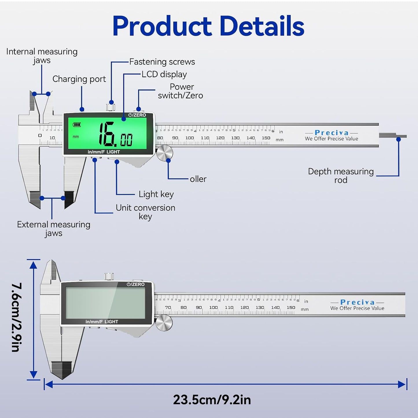 Rechargeable Digital Caliper 6 Inch, High-Precision Stainless Steel Vernier Caliper with Backlight, Support MM/in/F, Type-C Charging, LCD Screen Measuring Tool