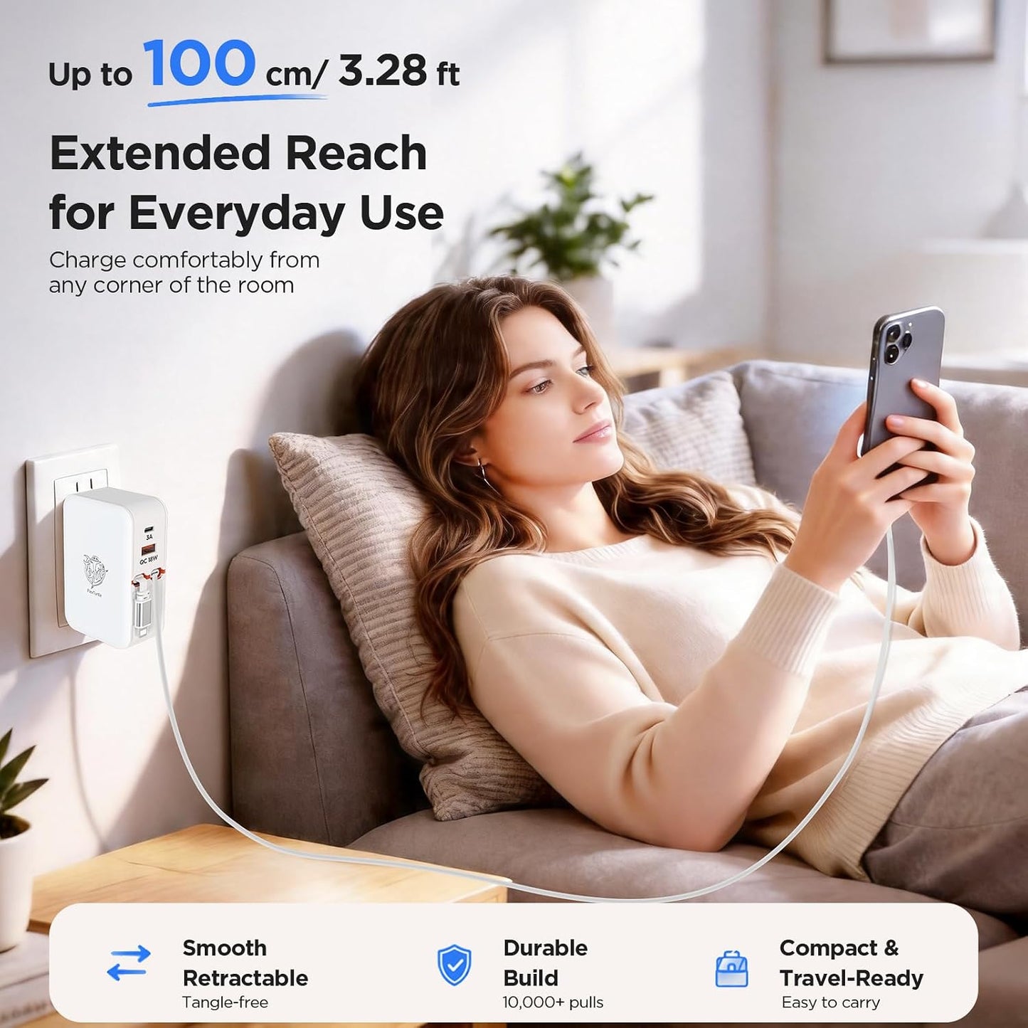 4-in-1 Retractable Wall Charger,35W Ultra-Compact Travel Charger | Built-in Dual 3.28ft Type-C & Older iPhone Charging Cables, USB-A + USB-C Ports, Foldable Plug for Travel
