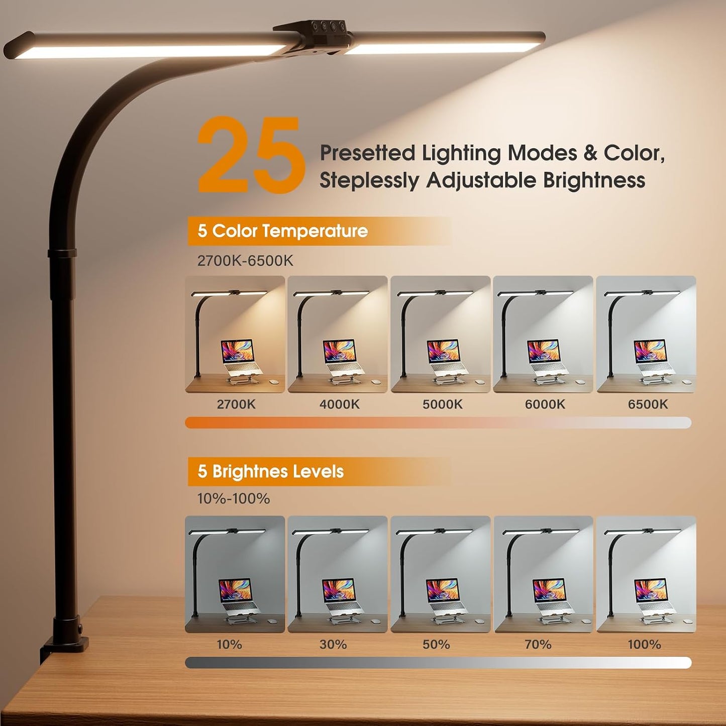 LED Desk Lamp for Home Office - Dimmable Computer Desk Light with Clamp, Modern Architect Task Lamp with Color Changing, Flexible Desktop Lamp with Gooseneck for Monitor, Double Head, Black