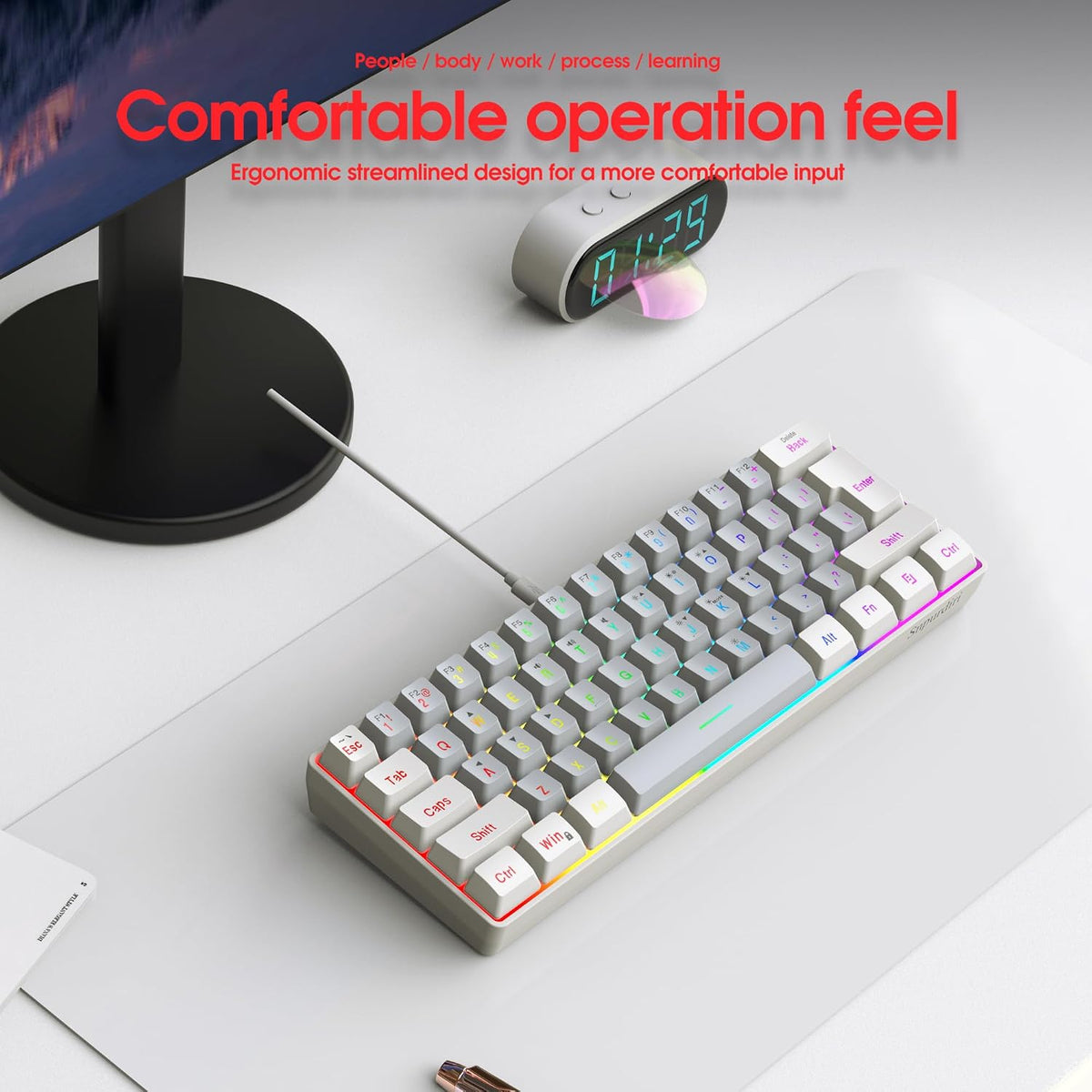 Snpurdiri 60% Wired Gaming Keyboard, 61 Keys RGB (White-Grey)