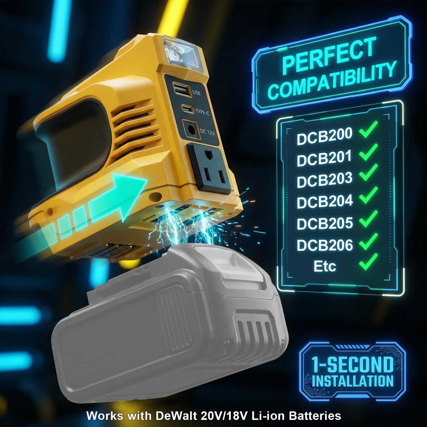 Real 220W Power Inverter Compatible with DeWalt 20V Battery, DC 20V to AC 110V-120V Portable Power Station with 1 AC Outlet, 1 USB & Type-C, 1 12V DC & 200LM LED (No Battery)