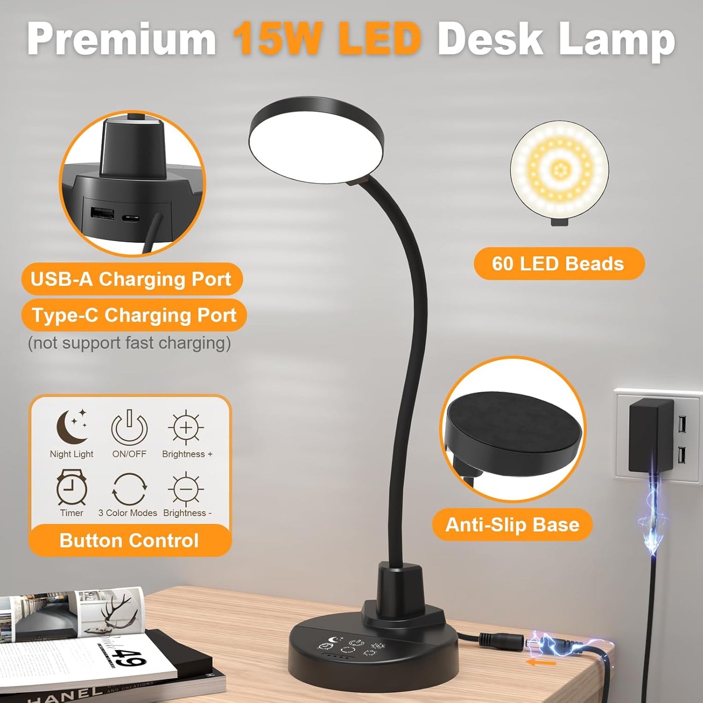 15W LED Desk Lamp with USB Charging Ports – Dimmable Table Lamp with 3 Color Temps, 5 Brightness, 4 Timers, Flexible Gooseneck Light with Base, Eye-Caring Reading Light for Home Office, Bedroom, Study