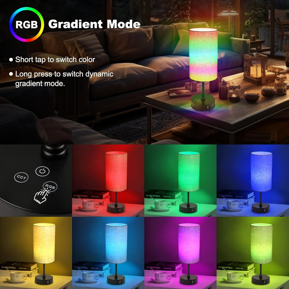 Table Lamp, 3 CCT 3000K/4500K/6500K & RGB Color Changing, Stepless Dimmable Small Bedside Lamp for Reading, Ambience Nightstand Light for Home Decor Party, Beige Shade