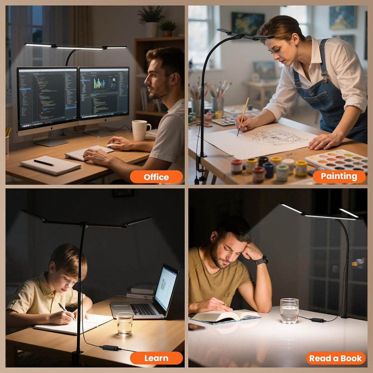 LED Desk Lamp for Office Home, 3 Head Adjustable Desk Light with Adapter