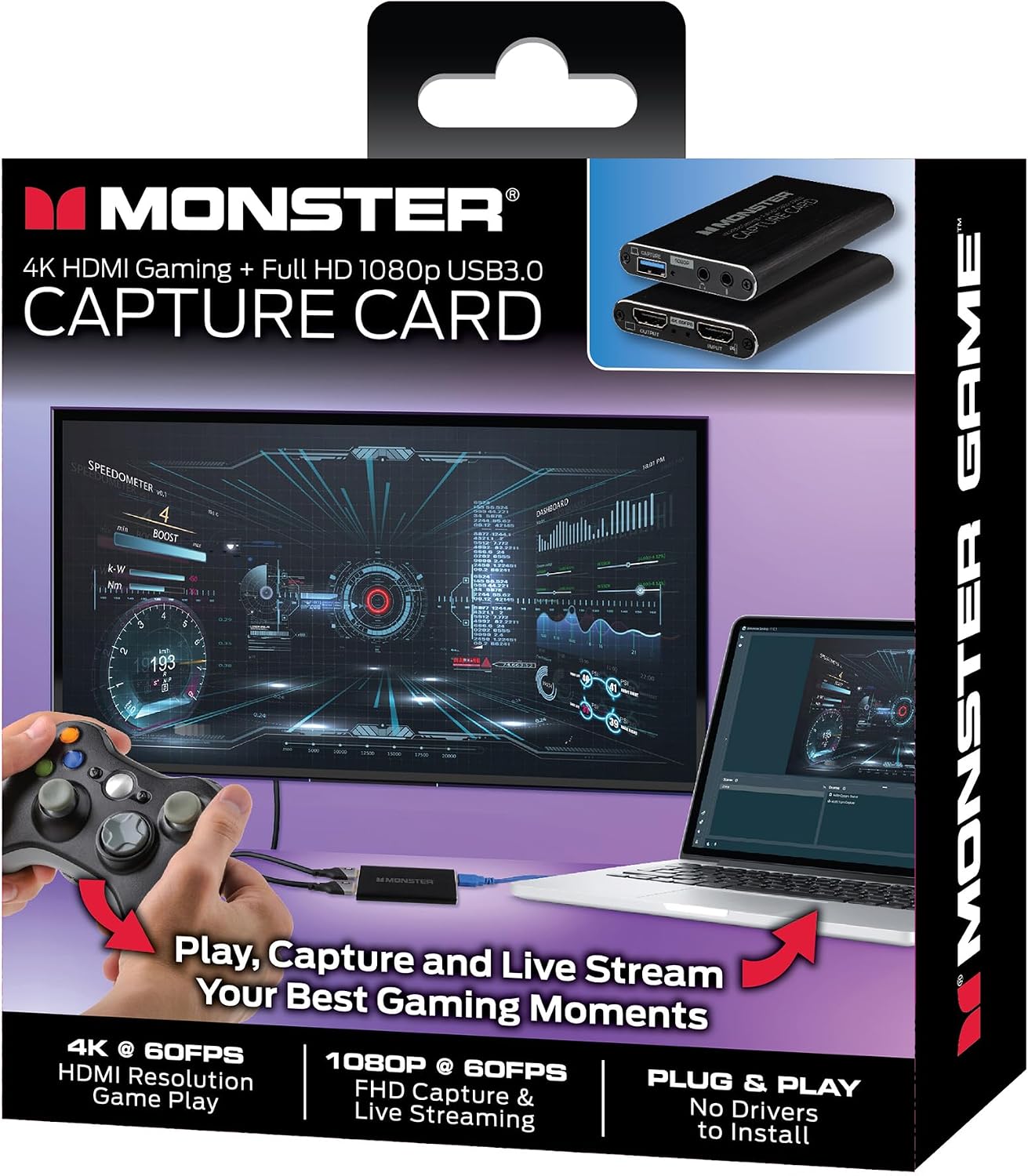 Monster Video Capture Card for Streaming, 4K HDMI Capture Card with 1080P 60FPS Recording, USB 3.0 Game Capture Device, Mic & Headphone Ports for PS5, Xbox, Nintendo Switch, Switch 2 & PC