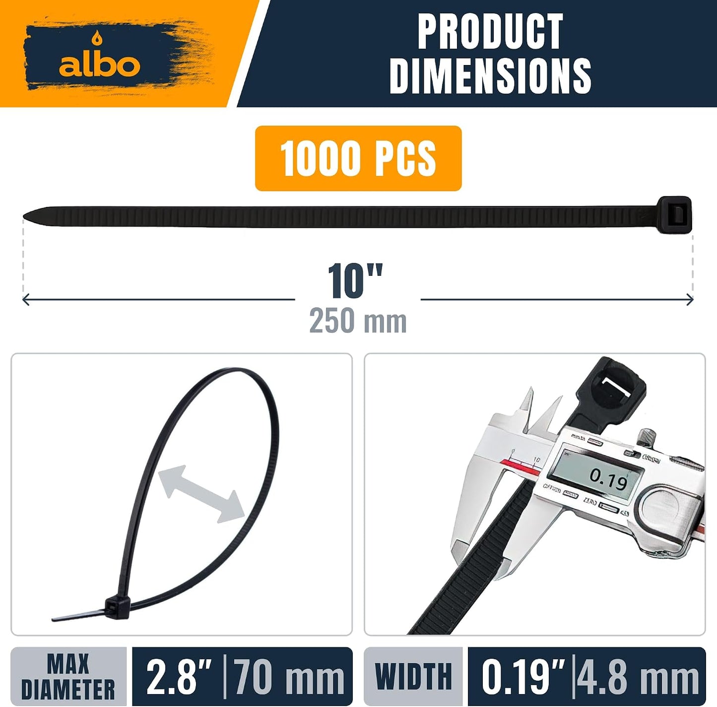 ALBO Zip Ties Black 10 Inch 1000 Pack 50 lb, Long Plastic Cable Ties Thick 0.19 Inch Tie Wraps Heavy Duty UV Resistant Nylon Wire Ties for Indoor and Outdoor
