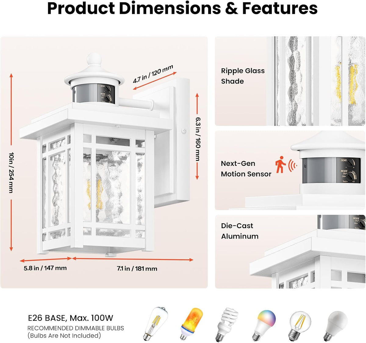 Gleamz Exterior Lighting Fixtures, White Modern Motion Sensor Porch Light, 100% Anti-Rust Outdoor Porch Lights Wall Mount, Weatherproof Outdoor Lantern Lights, Exterior Lighting Fixtures Dusk to Dawn