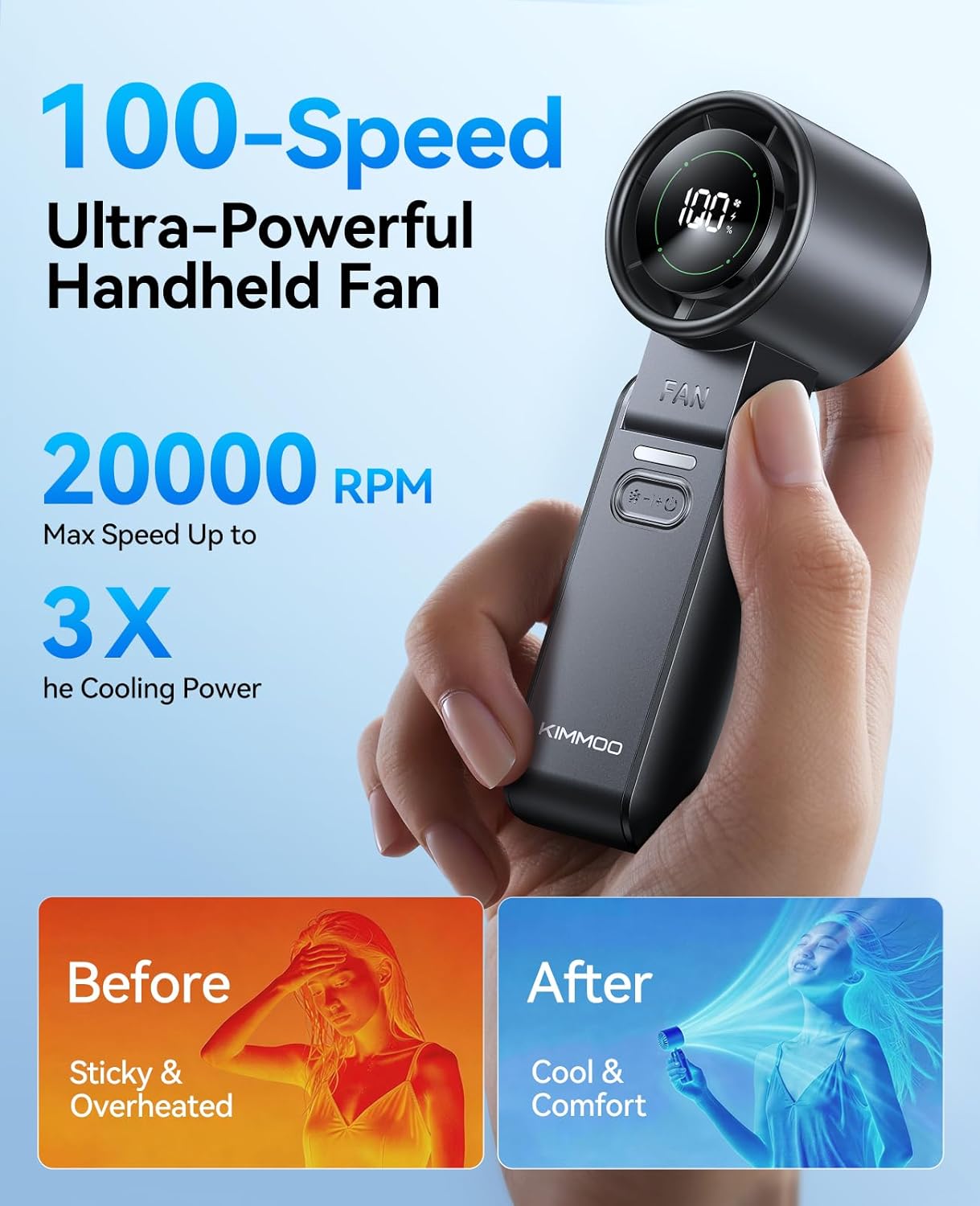 KIMMOO 2 Pack Black Portable Handheld Turbo Fan-100 Speeds, Powerful 20000 RPM, 12Hrs Cooling, USB Rechargeable Mini Hand Held Personal Fan for Travel Makeup Outdoor Indoor