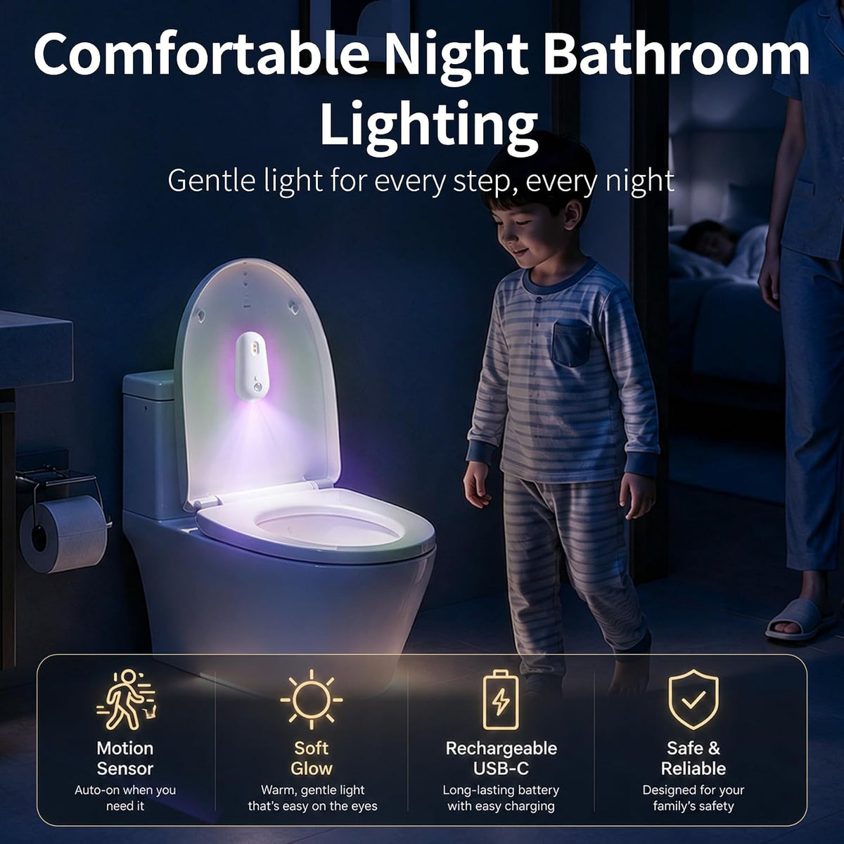 2 Packs Toilet Night Light with Motion-Activated, RGB Smart Toilet Bowl Night Light with USB Rechargeable, Waterproof, Adhesive-Mounted for Home/Shared Bathroom