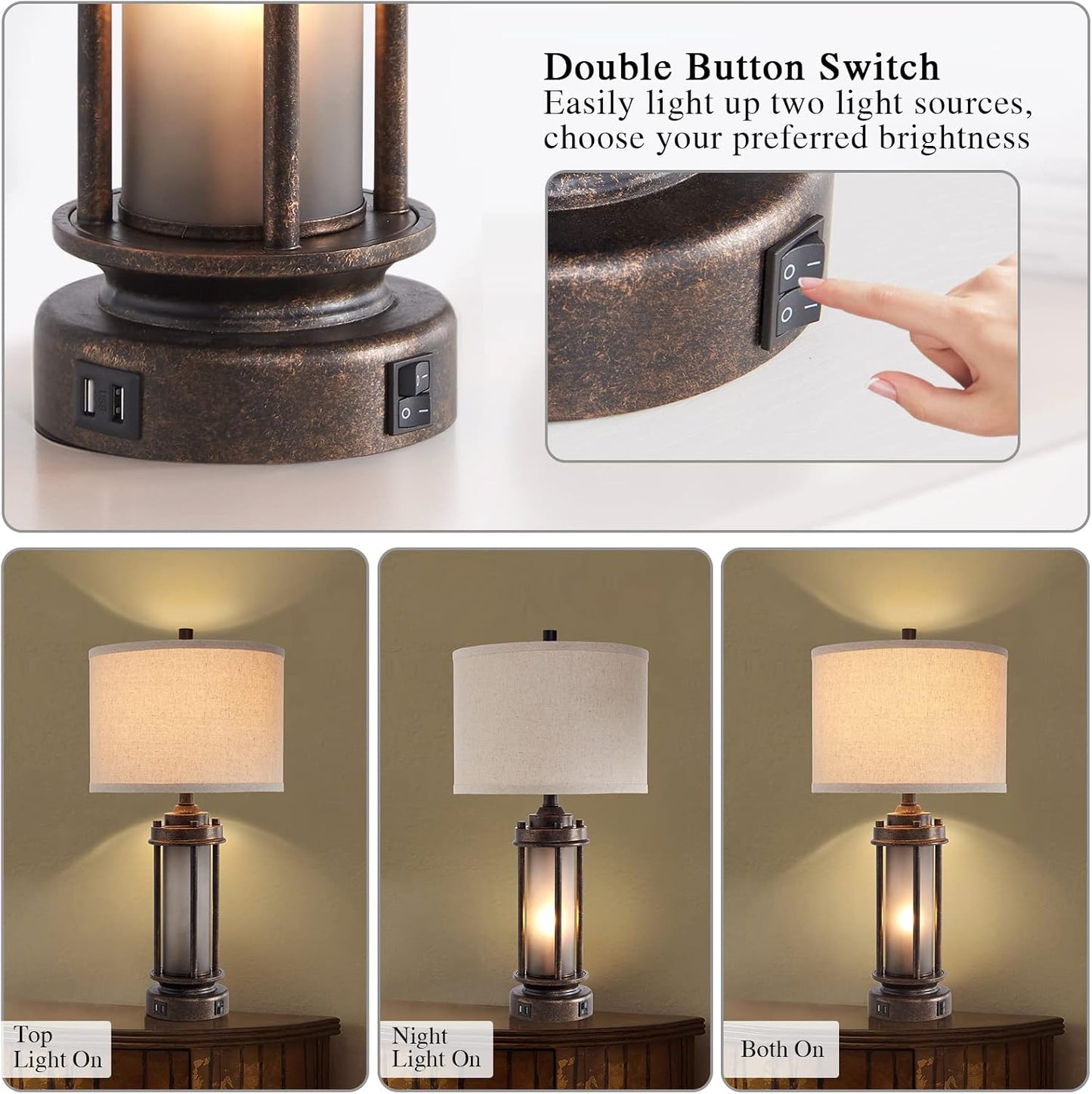 Set of 2 Farmhouse Lamps for Living Room with Glass Night Light and USB C+A | Rustic Vintage Bedroom Nightstand Table Lamp, Built-In Frosted Glass for End Table Entryway, 4 Bulbs Included (Bronze)