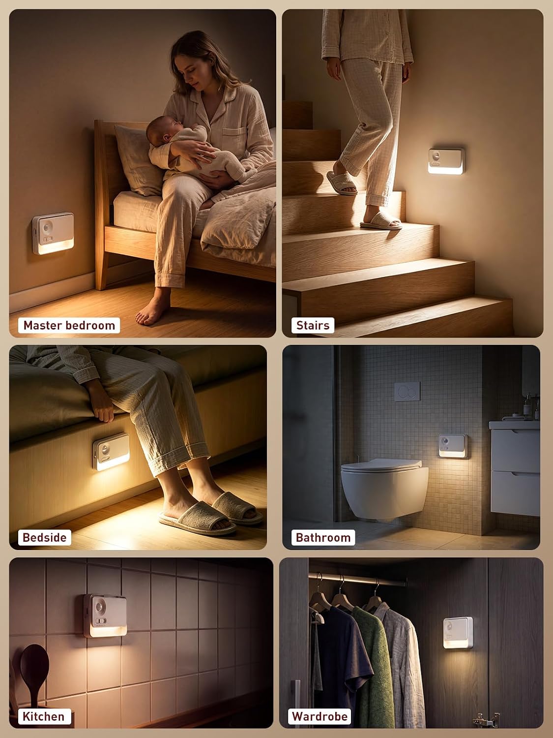 long-stars Sync Motion Sensor Night Lights, 1800mAh Linkage Rechargeable Stair Lights Indoor, 3 Color Temperatures, Magnetic Mounting for Hallway, 3 Pack