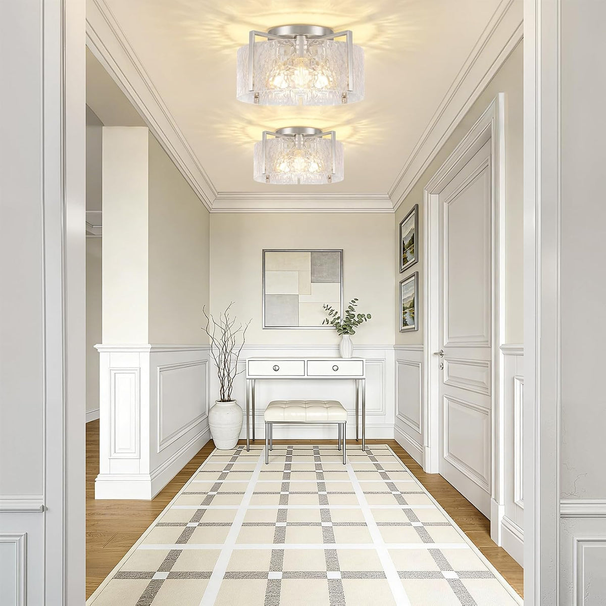 16" Semi-Flush Mount Ceiling Light, 4-Light Hammered Glass Drum Fixture