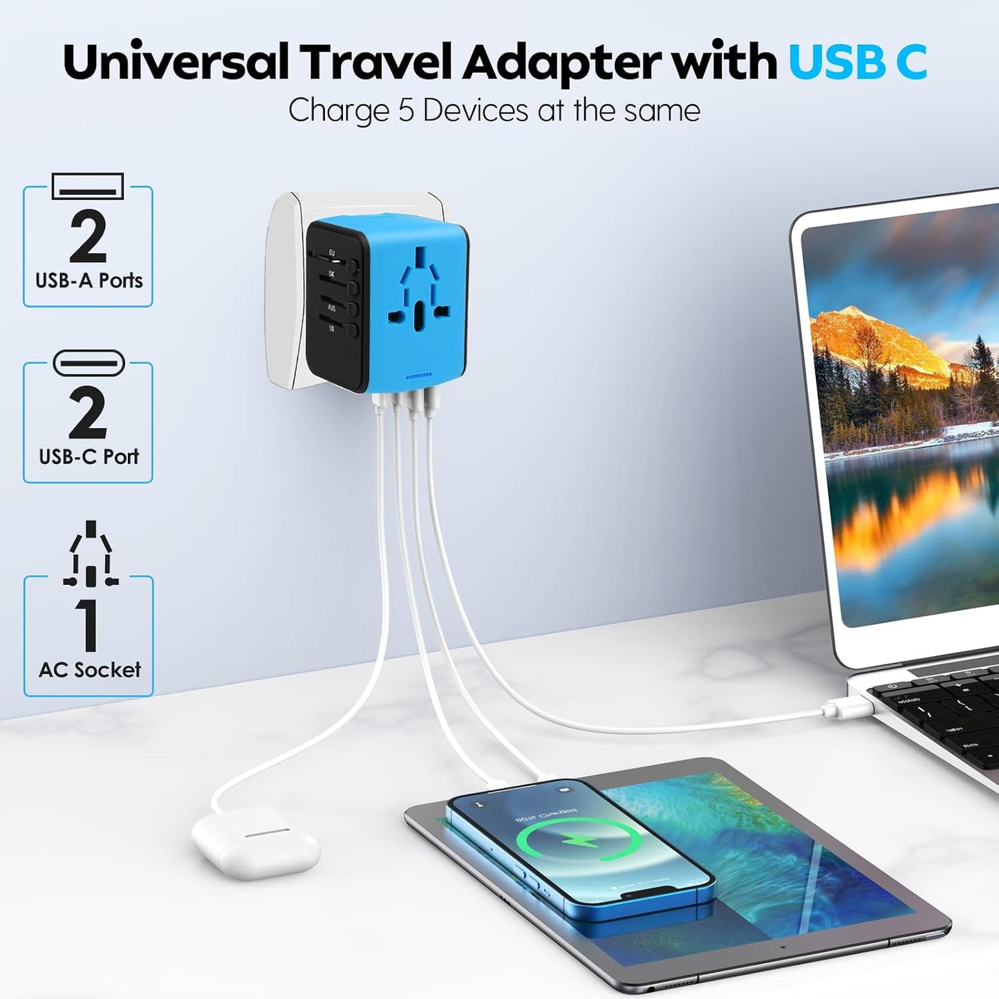 Universal Travel Adapter, 2 USB-C & 2 USB-A Ports, 2500W AC Outlet | All-in-One International Plug Adapter, EU/US/UK/AU Plugs, Compact Worldwide Travel Charger for Trips in 200+ Countries