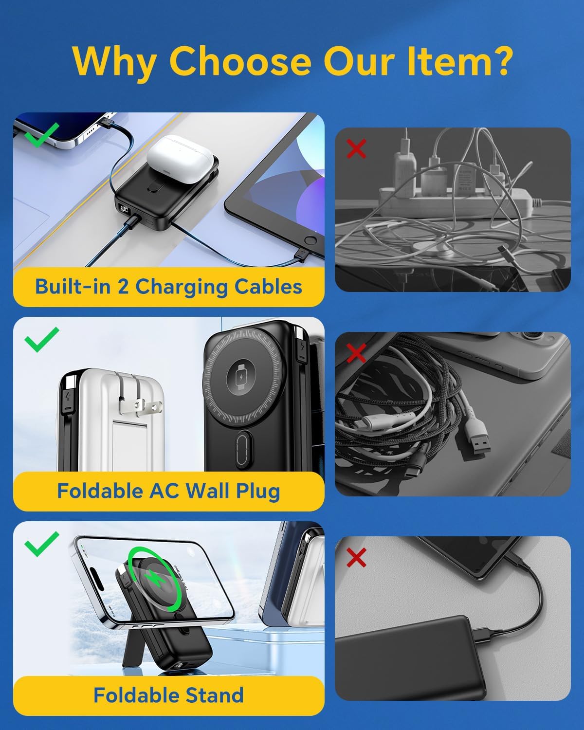 DR.HILL Magnetic Battery Pack Real Capacity 10000mAh, 22.5W Fast Charging Portable Charger with Built-in Cables & AC Wall Plug, Foldable Stand Power Bank for Apple Watch Phone 17/16/15/14/13 (Black)