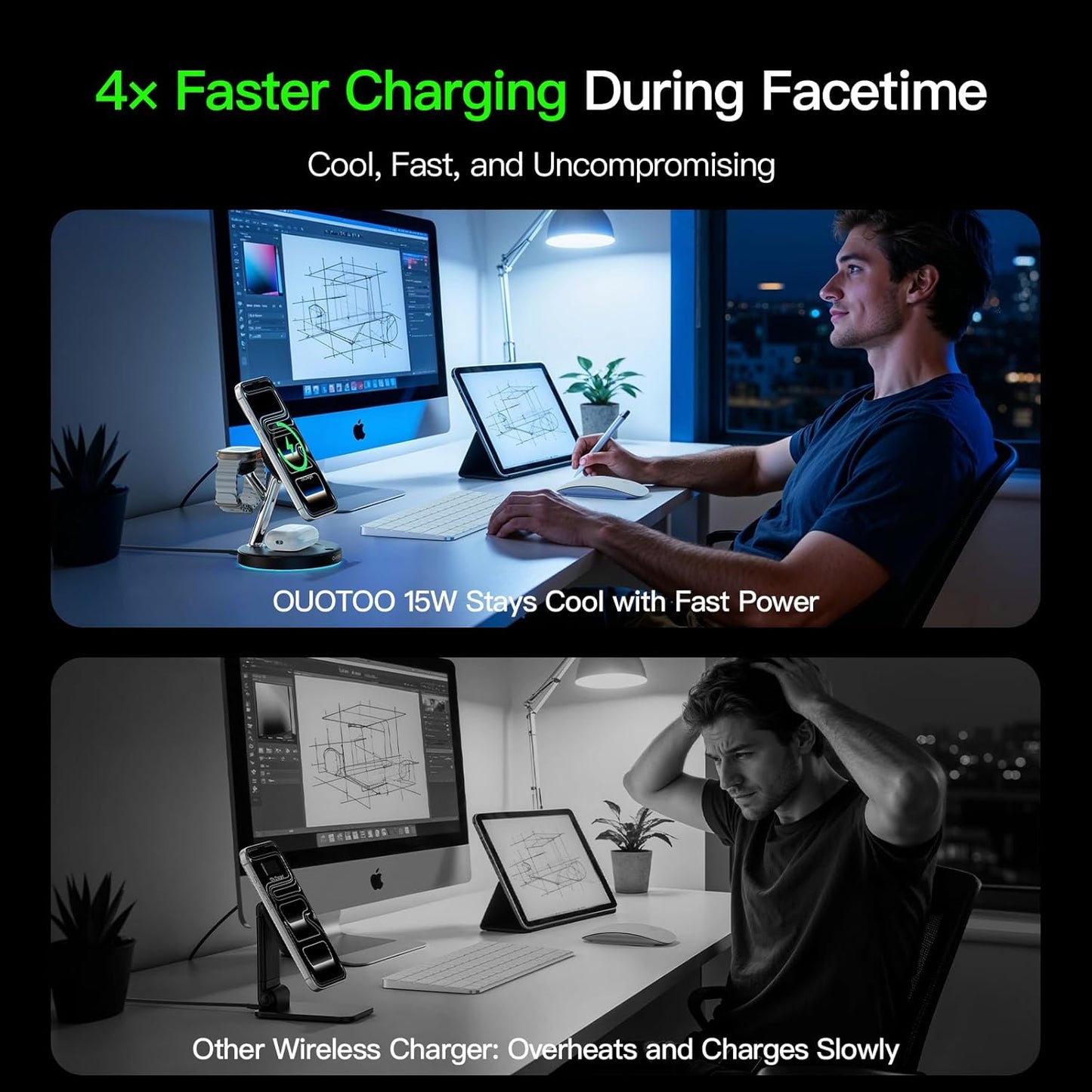 【Adjustable Blue Ambient Light】 Wireless Charger 3 in 1 for iPhone, Magnetic Charging Station for Apple Family,15W Fast MagSafe Charger Stand,for iPhone17-12-iWatch AirPods Series