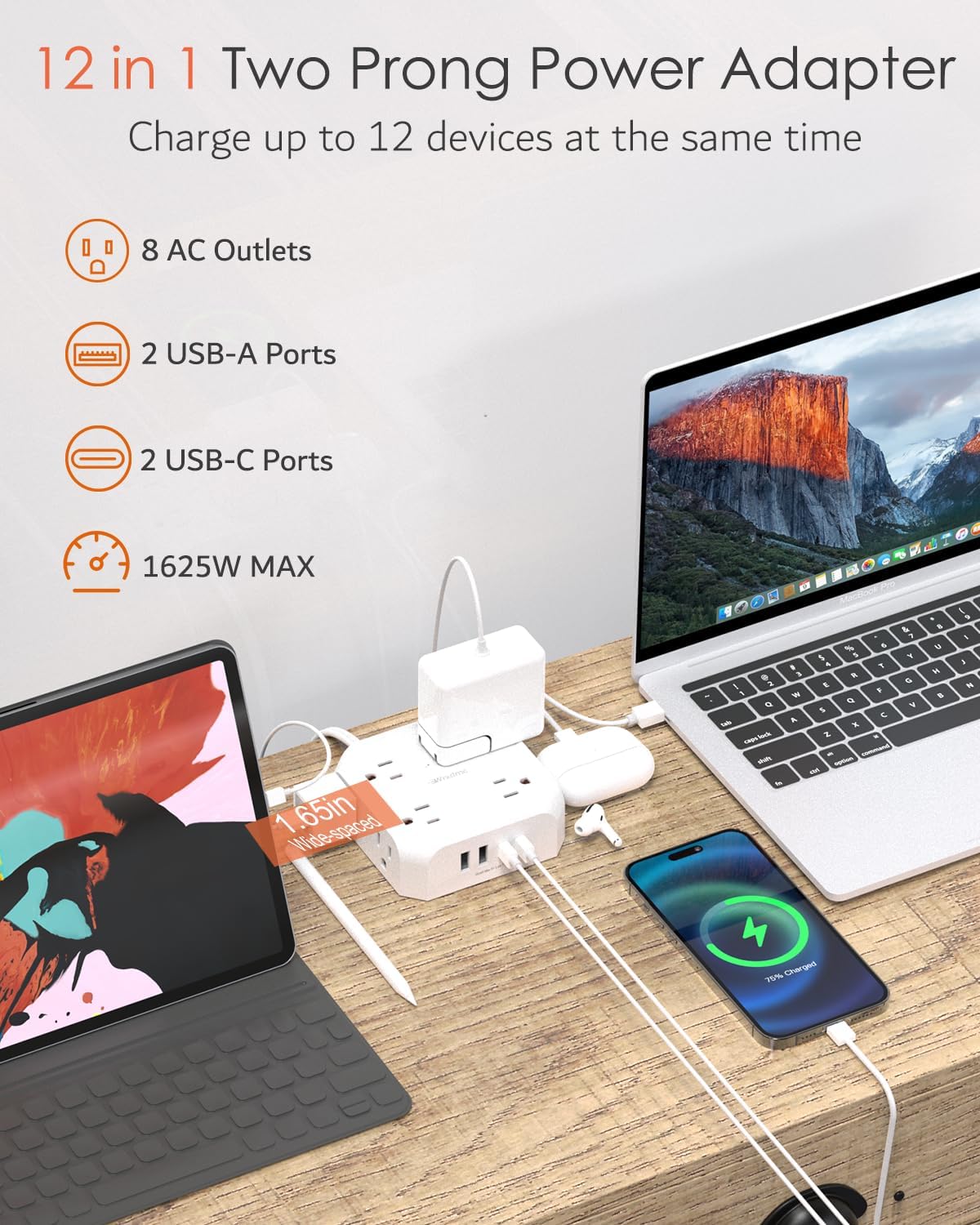 2 Prong Power Strip, WRXDMC 2 Prong to 3 Prong Outlet Adapter with 5ft Cord | 1400J Two Prong Surge Protector, Flat Polarized Plug, 8 AC with 2 USB C and 2 USB A, Wall Mountable, Ideal for Old House