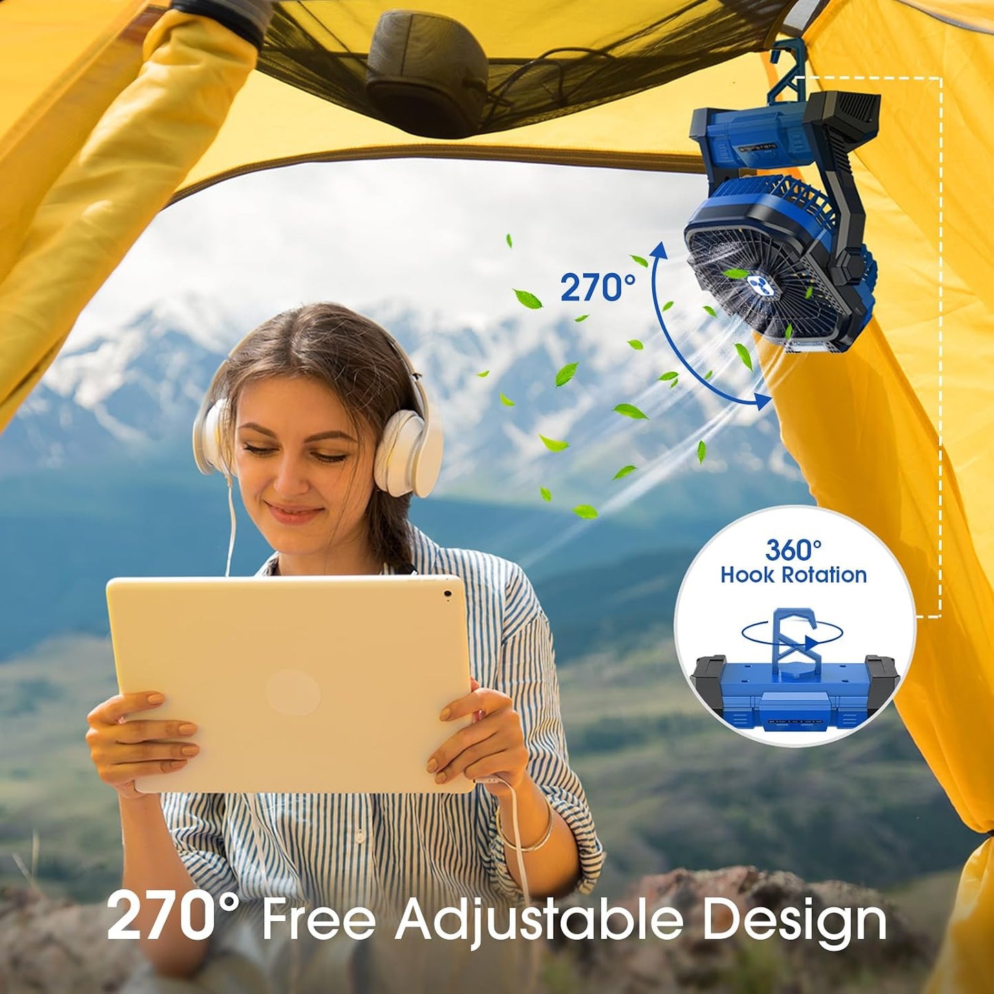 Portable Fan Rechargeable 20000mAh Cordless Battery Powered Camping Fan | with LED Lantern, Small Table Fan, USB Battery Operated Fans for Travel Bedroom Home Camping Tent Office Beach Desk Blue