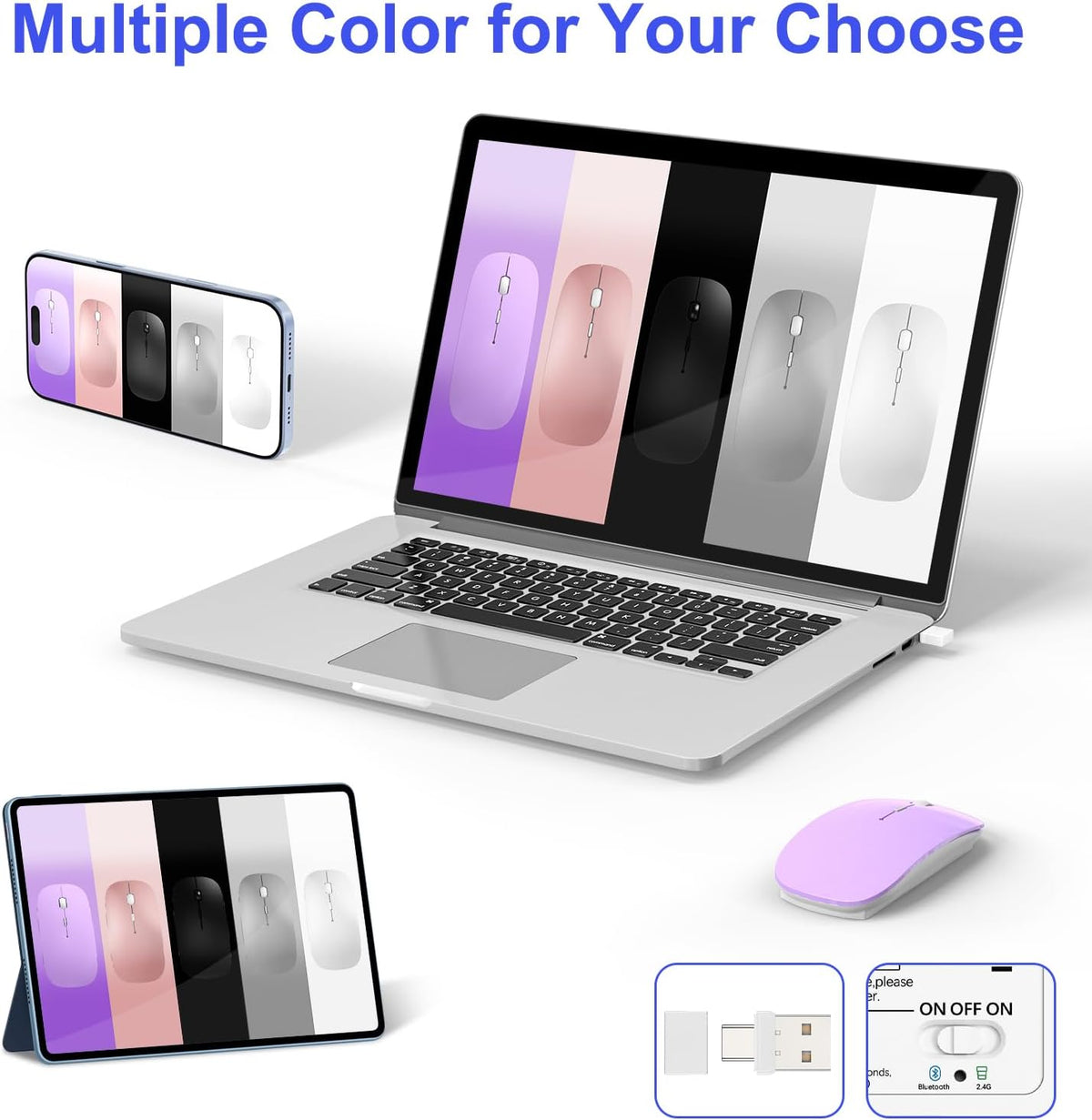 Bluetooth Wireless Mouse for MacBook Air Mac Pro Laptop Computer iPad Pad PC Laser Optical Rechargeable Mini Slim Silent Mouse Widely Used Desktop Hp iMac (Purple)