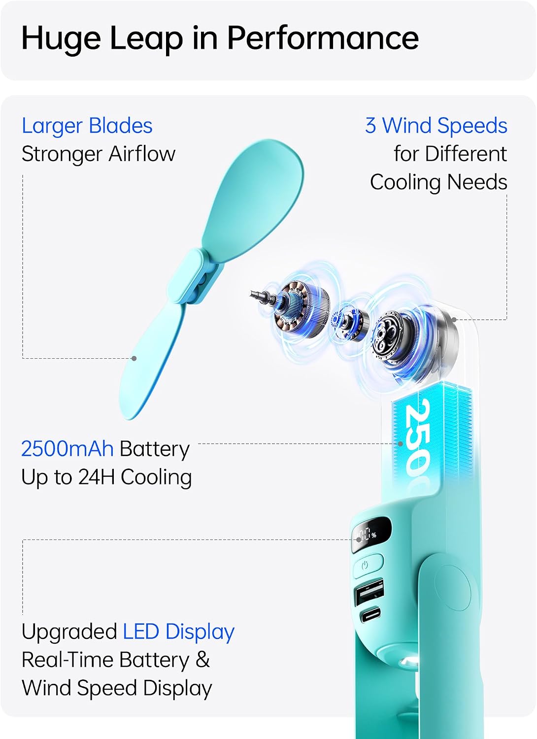 JISULIFE Portable Handheld Fan, 3 In 1-Fan, Power Bank, Flashlight, Cyan | Mini Cooling Essential for Outdoor, Small, On-the-Go Pocket Hand Design, 24 Hours, Auto Shut-Off Safety Soft Blade