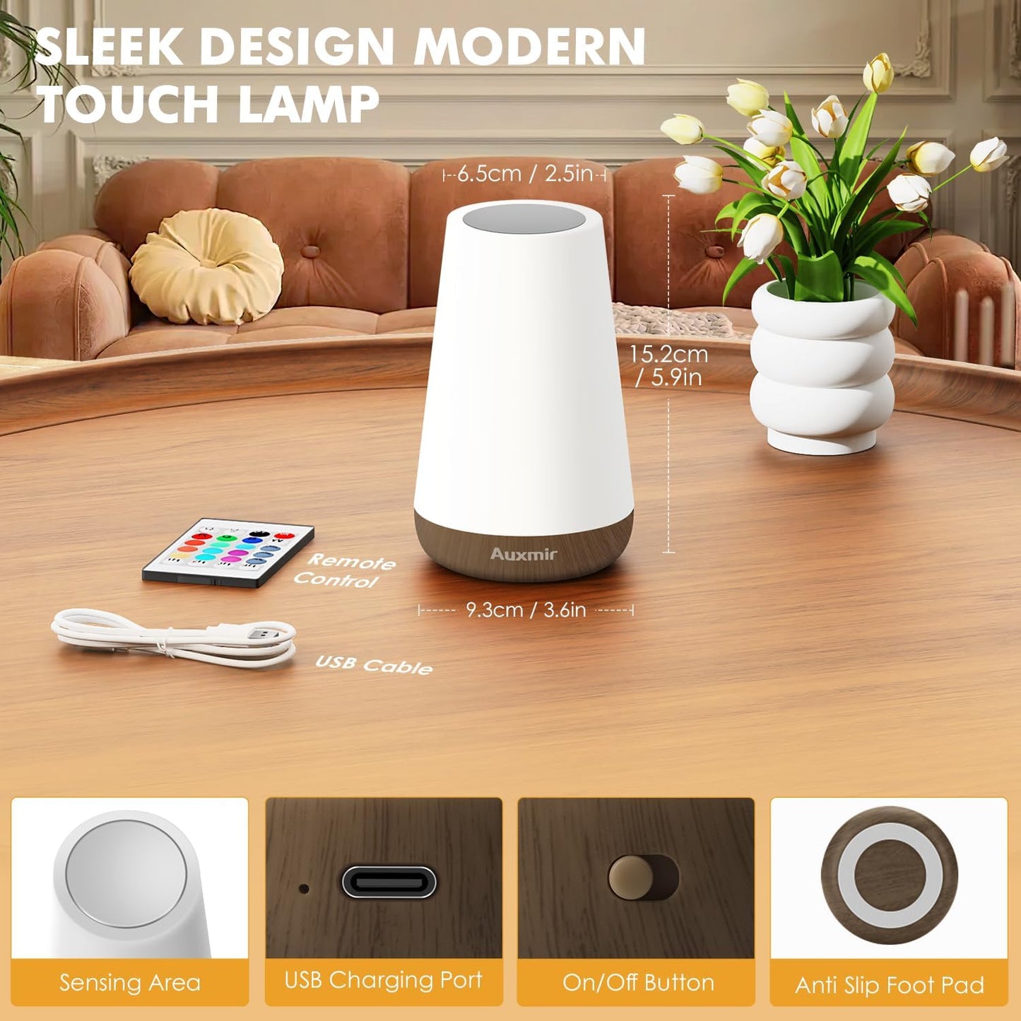 Auxmir Rechargeable Night Light, 13-Color Remote Control Lamp, Dark Brown | touch control, 13 colors, 5 brightness levels, 4 lighting modes, 1/2/4/6-hour auto-off, portable for nursery and camping