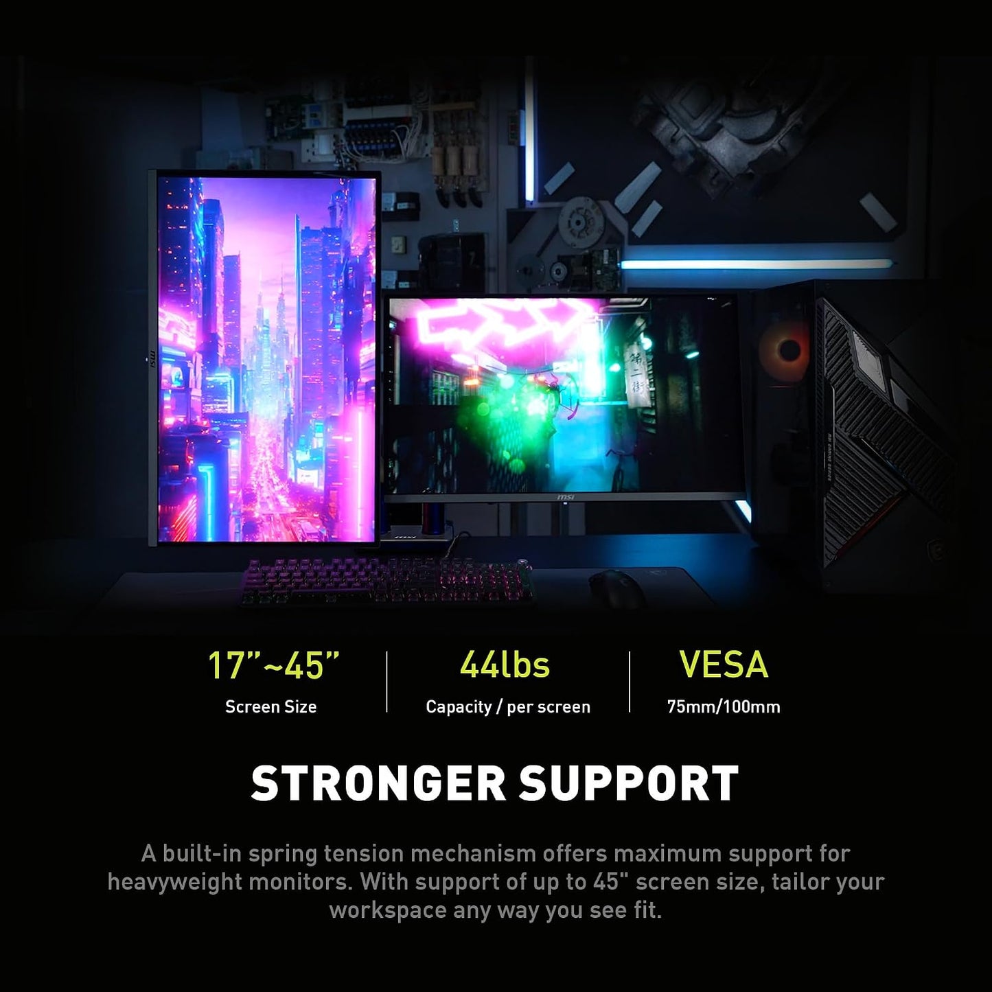 MSI MAG MT201D - Premium Heavy Duty Dual Monitor Stand Arms, 17-45" Support, VESA Compatible, Adjustable Spring Mount, 44 lbs per Screen, Clamp & Grommet, Quick Release Plate - Black
