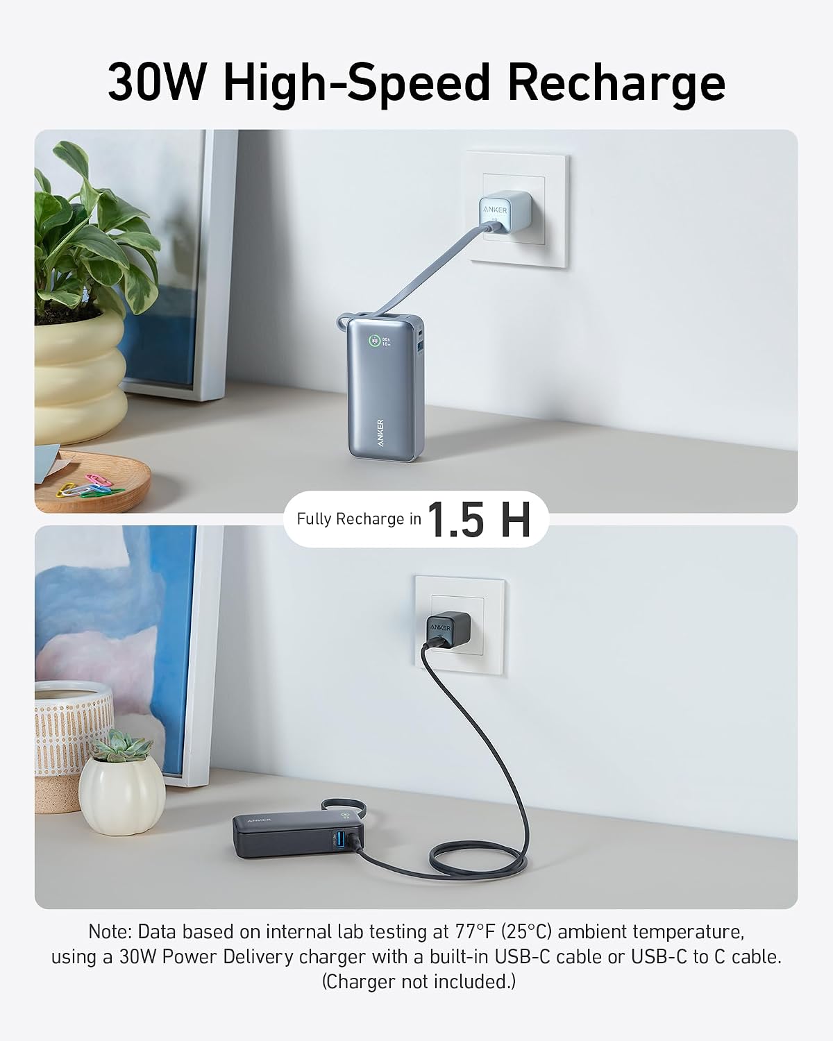 Anker Nano Power Bank,10,000mAh 30W Portable Charger,Built-in USB-C Cable | 30W Recharging and Output, USB-C and USB-A Ports, for iPhone 17 / 16 / 15 Series, MacBook, Galaxy, AirPods, and More