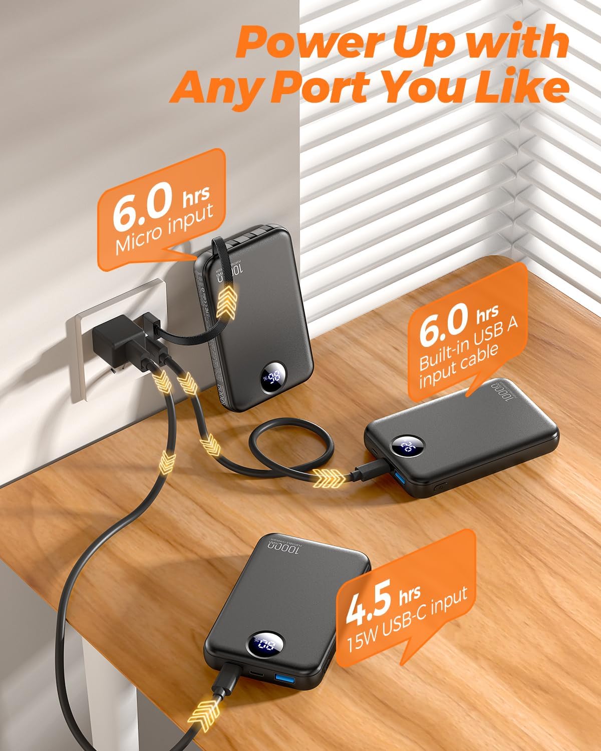 Portable Charger 10000mAh with 4 Built-in Cables 40% Smaller | Power Bank Fast Charging Battery Pack,LED Display Compact with Travel Charger for iPhone Other Devices-Black