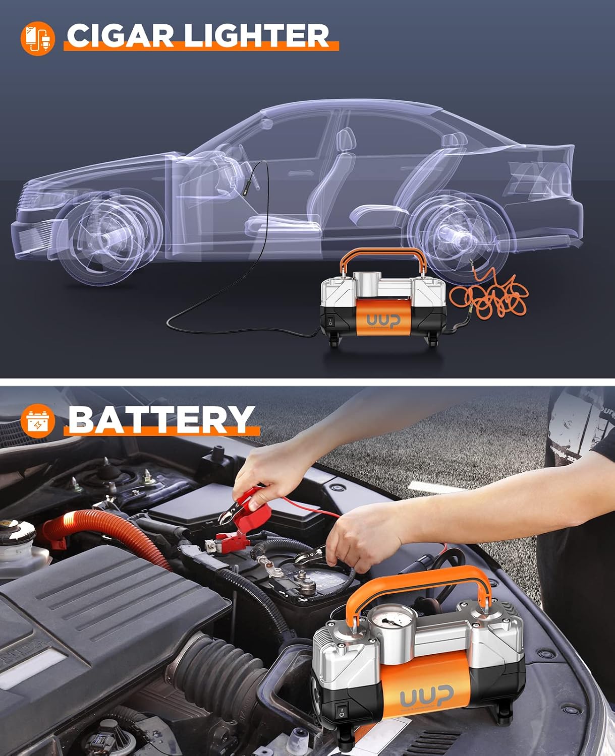 UUP Portable 12V Air Compressor, 150 PSI Tire Inflator with Dual Cylinders | Heavy-Duty Air Pump with Emergency LED Light for Car, Truck, SUV, RV, Bicycle Tires, Balls, Air Mattress, Orange