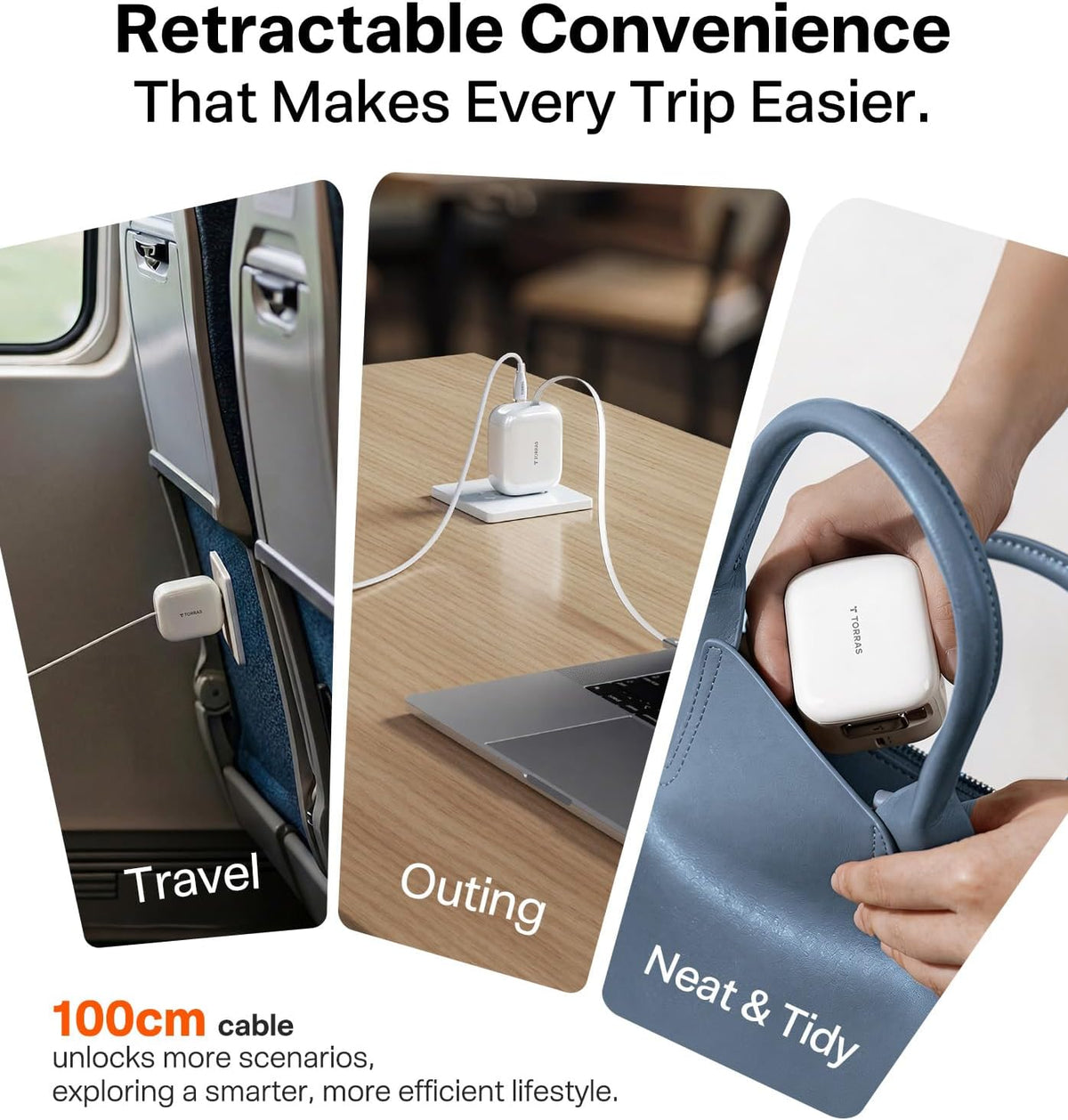 TORRAS FlexLine 67W USB C Charger, Dual-Port GaN Retractable Charger | iPhone/iPad/MacBook/Galaxy Compatible, GaN III, Dual-Port Fast Charging, 1m Retractable Cable, Travel and Desk Use