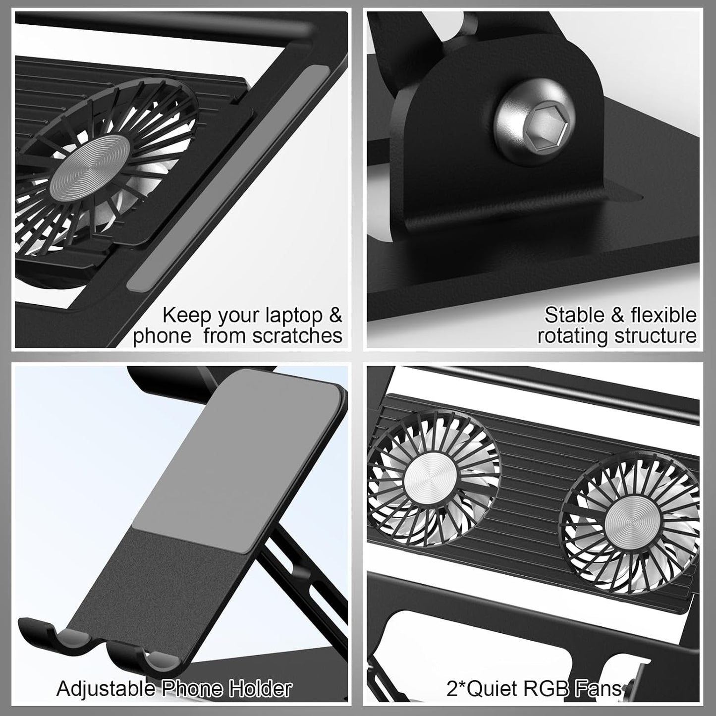Laptop Cooling Stand with Detachable Fan,2-IN-1 Laptop Stand with Phone Holder and Silent Fans,Adjustable Height and Angle,Carbon Steel Framework,Laptop Cooling Pad for up to 16”Laptop (Black)