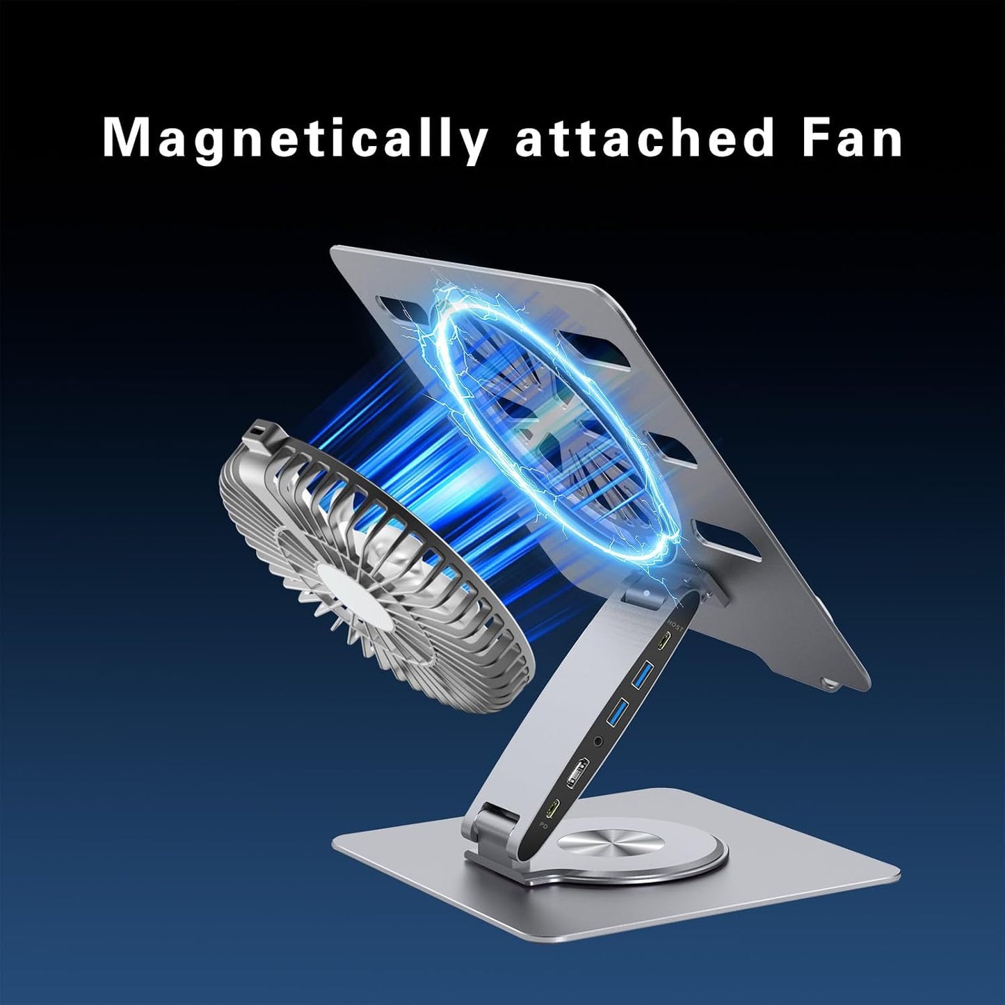 Laptop Docking Station Stand with Fan Aluminum Laptop Riser with USB-C Hub 11-IN-1 4K60Hz HDMI 100W PD Charging USB3.0 Ethernet Audio TF/SD, 360° Swivel, for MacBook Pro/Air, iPad Pro & Type-C Laptops