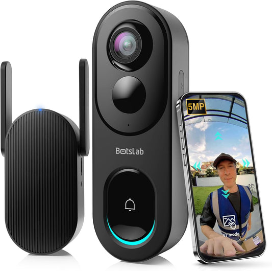 BOTSLAB 5MP Doorbell Camera Wireless,180° Head-to-Toe View,Battery Powered
