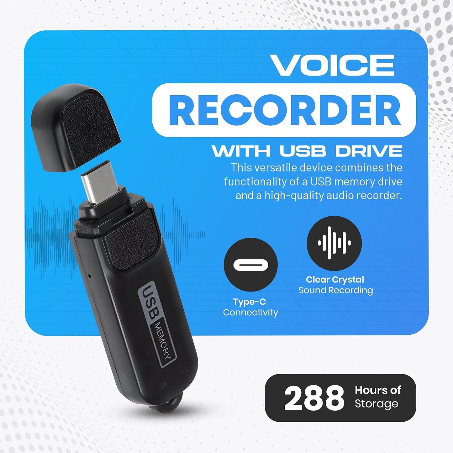 USB-C Audio Note Device for Meetings, Lectures, and Personal Notes, 288-Hour Storage, Easy Playback on PC and Mac, Compact Design with Magnetic Cap