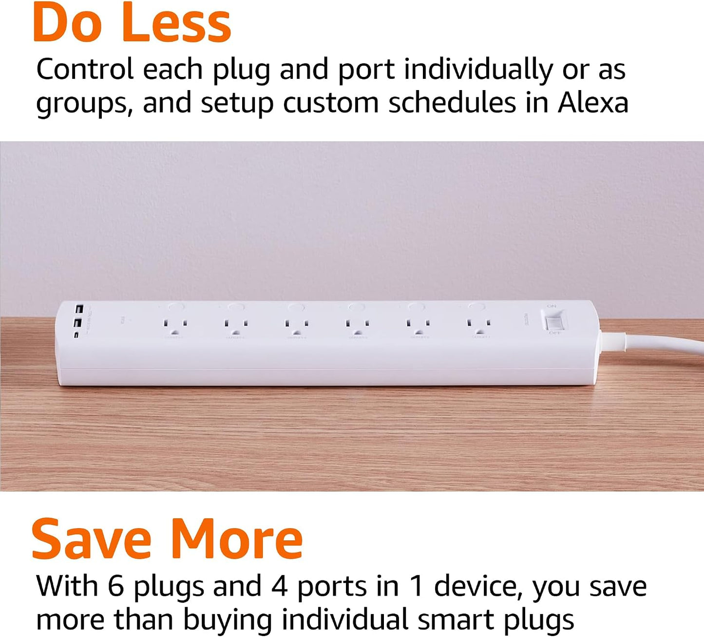 Amazon Basics Smart Plug Power Strip with 6 Individually Controlled Outlets and 3 USB Ports (2 USB-A and 1 USB-C), WiFi, Works with Alexa Only, 2.4 GHz, No Hub Required, White